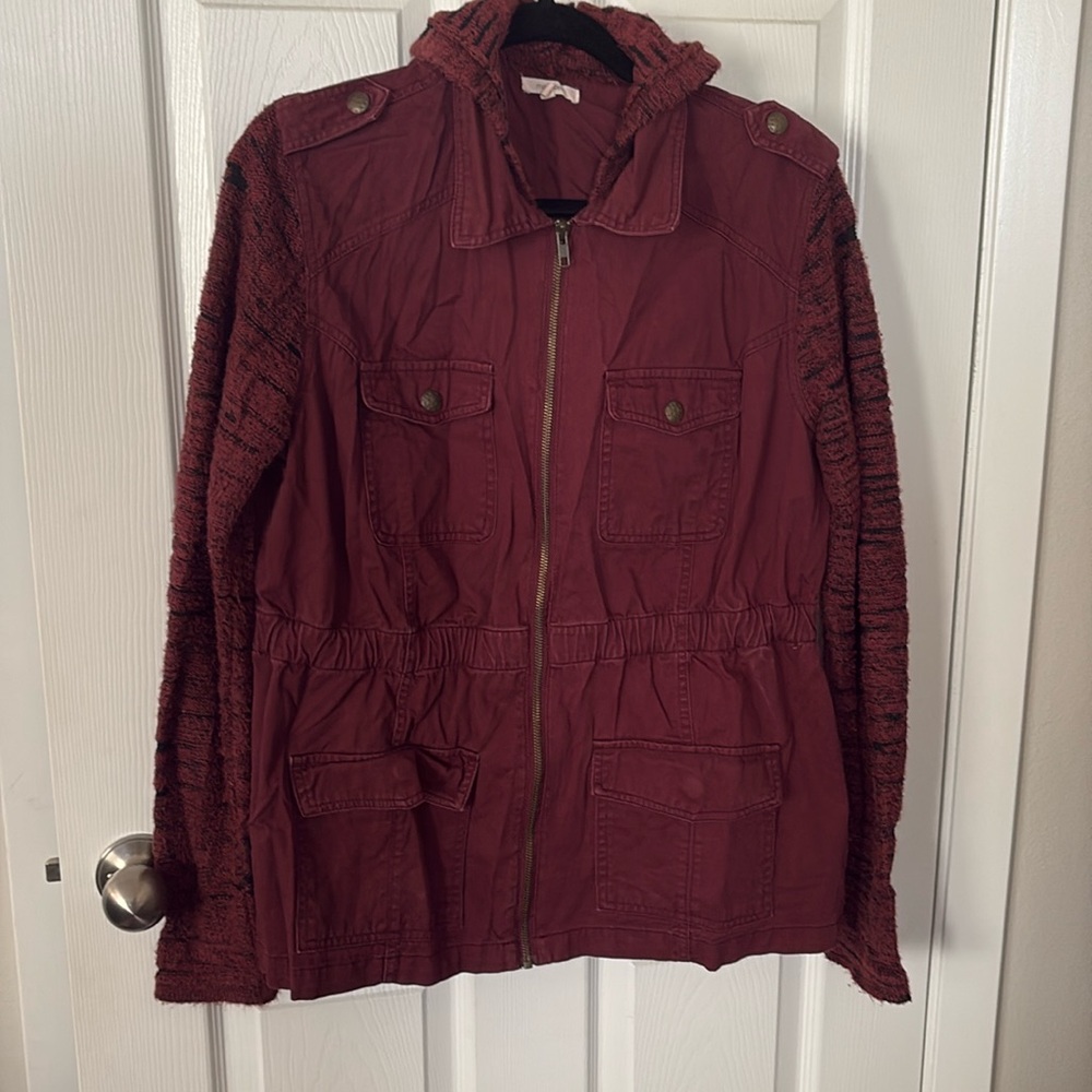Maurices Womens Long Jean Jacket Wine Full Zip Knit Hood Pockets Collar Large